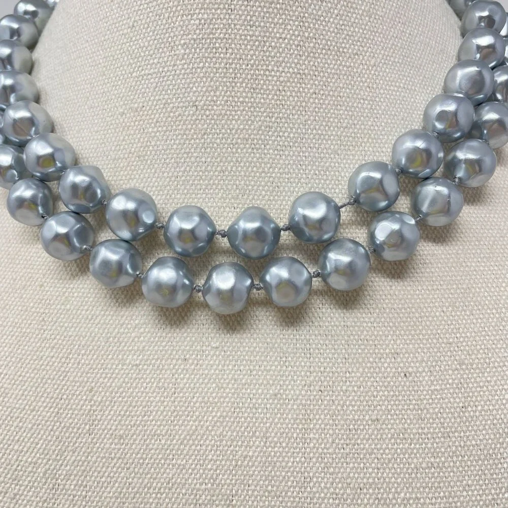 Vintage Marvella Double-Strand Gray Faux Pearl Necklace Gold-Tone‎ Bow Closure